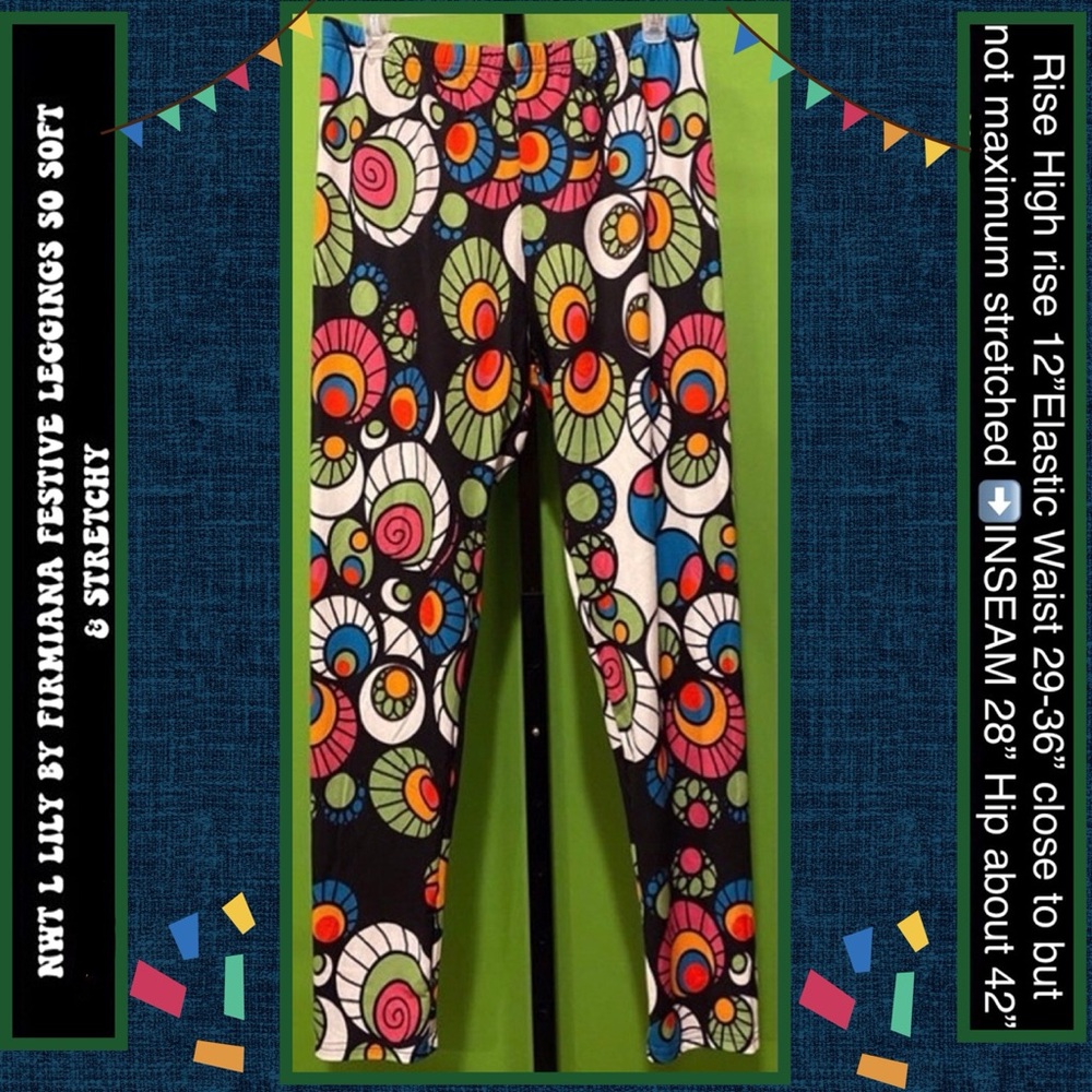 LILY BY  FIRMIANA NWT L/XL STRETCH LEGGINGS FESTIVE MULTICOLOR PRINT INSEAM 28”